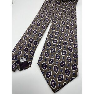 Salvatori Mens Silk Tie Taupe Blue Burgundy Geometric Medallion Pattern Classic